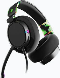 Black over-ear gaming headphones with colorful RGB lighting accents and a green logo on the headband, shown on a white background.
