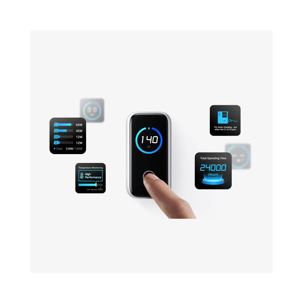 Anker 140W 4-Port Smart GaN Charger A2697 – 3x USB-C + USB-A, Smart Touchscreen Display, 240W Cable Included