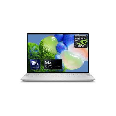 Dell XPS 14 9440 slim premium laptop in Platinum Silver open front view showing 14.5-inch 3.2K OLED touchscreen