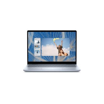 Dell Inspiron 16 Plus 7640 2-in-1 convertible laptop in Ice Blue open in laptop mode front view showing 16-inch 2K touchscreen