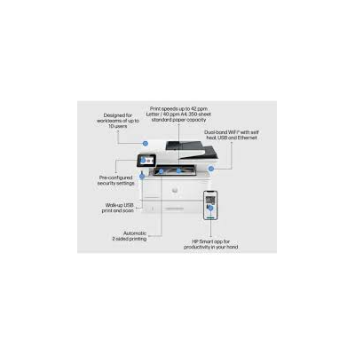 HP LaserJet Pro MFP 4103fdw monochrome laser all-in-one printer front view showing ADF, touchscreen and paper trays