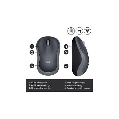 Logitech M185 Wireless Mouse in Swift Grey side view showing compact ambidextrous design and scroll wheel