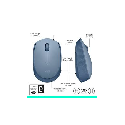 Logitech M170 Wireless Mouse in Grey top-down view showing compact ambidextrous design
