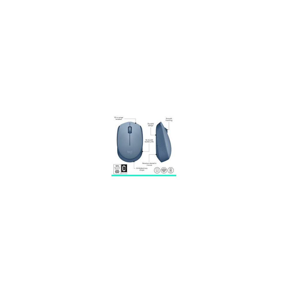 Logitech M170 Wireless Mouse in Grey top-down view showing compact ambidextrous design