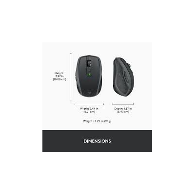 Logitech MX Anywhere 2S wireless mouse in Dark Grey side view showing compact premium design and thumb buttons