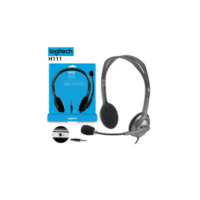 Logitech H111 stereo headset in Black side view showing adjustable boom microphone and padded ear cushions