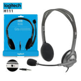 Logitech H111 stereo headset in Black side view showing adjustable boom microphone and padded ear cushions