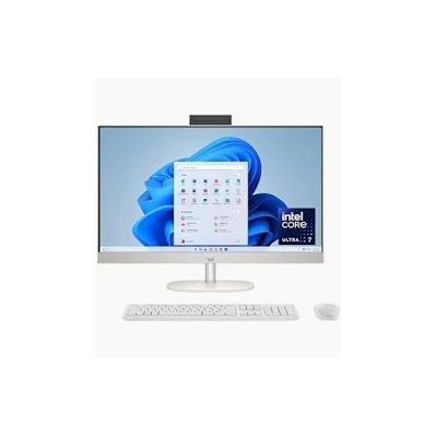 HP All-in-One 27-cr1025nh white desktop PC front view showing 27-inch Full HD touchscreen display