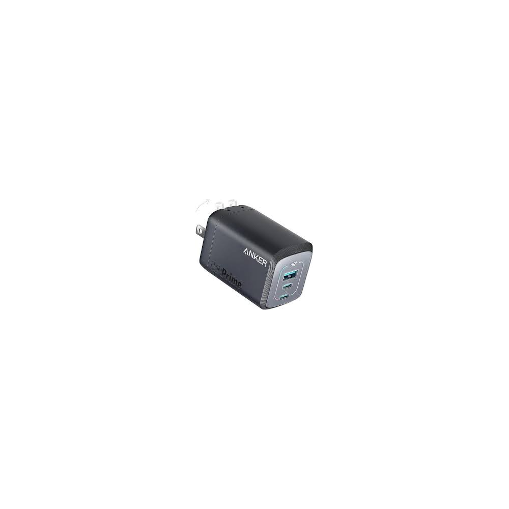 Anker Prime 100W Wall Charger A2688 in black front view showing 3-port layout with 2 USB-C and 1 USB-A