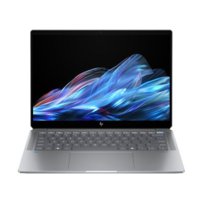 HP OmniBook Ultra Flip 14 2-in-1 laptop in Eclipse Grey open in laptop mode front view showing 3K OLED display