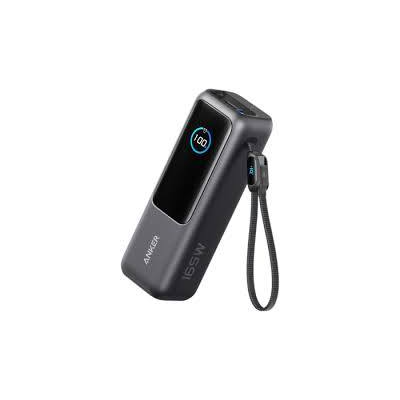 Anker Zolo A1695 25000mAh 165W power bank front view showing smart LCD display, 4 ports, and retractable cable