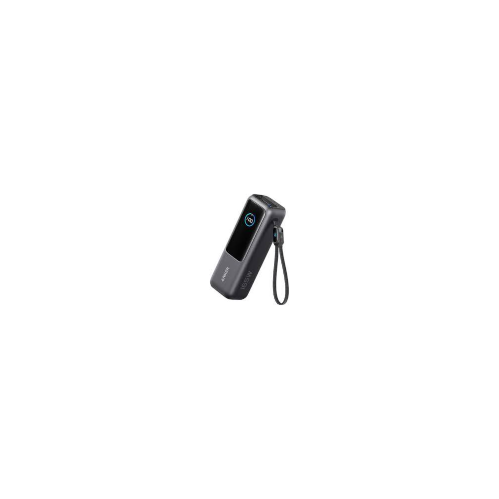 Anker Zolo A1695 25000mAh 165W power bank front view showing smart LCD display, 4 ports, and retractable cable