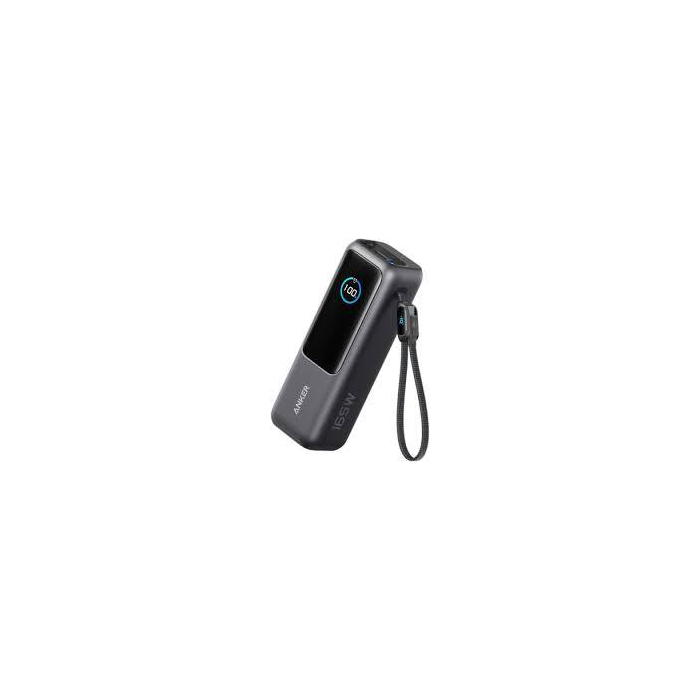 Anker Zolo A1695 25000mAh 165W power bank front view showing smart LCD display, 4 ports, and retractable cable