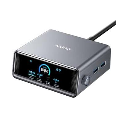 Anker Prime 200W 6-Port GaN Charging Station in silver front view showing 4 USB-C and 2 USB-A ports on desktop