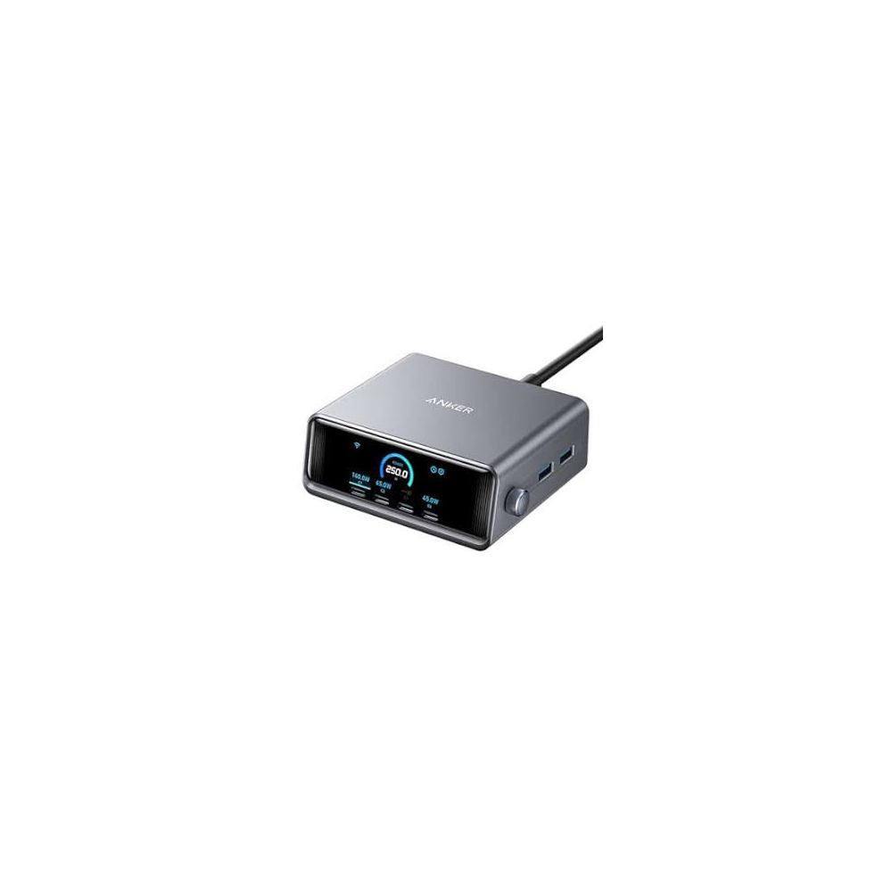 Anker Prime 200W 6-Port GaN Charging Station in silver front view showing 4 USB-C and 2 USB-A ports on desktop