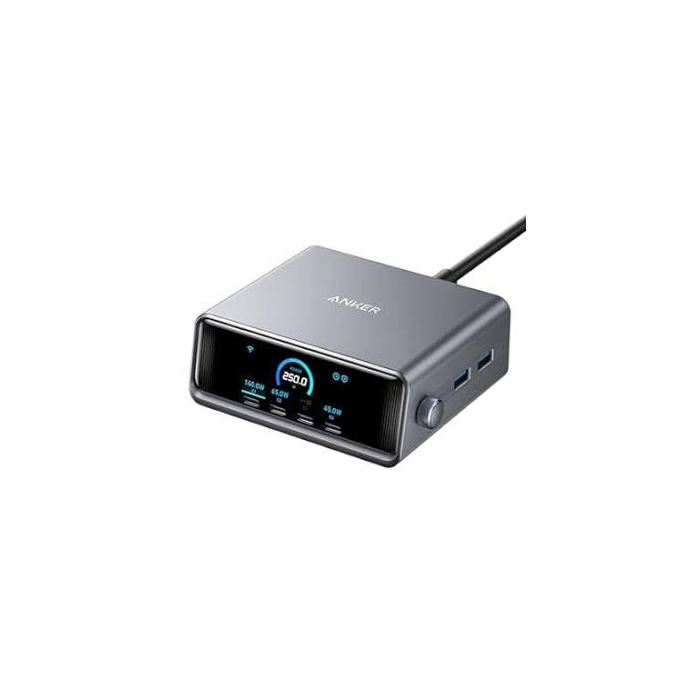 Anker Prime 200W 6-Port GaN Charging Station in silver front view showing 4 USB-C and 2 USB-A ports on desktop