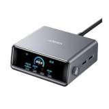 Anker Prime 200W 6-Port GaN Charging Station in silver front view showing 4 USB-C and 2 USB-A ports on desktop