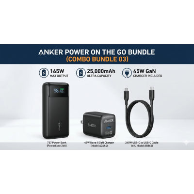 Anker Power On The Go Bundle – 25,000mAh 165W Power Bank + 45W Charger + 240W Cable (Combo Bundle 03)