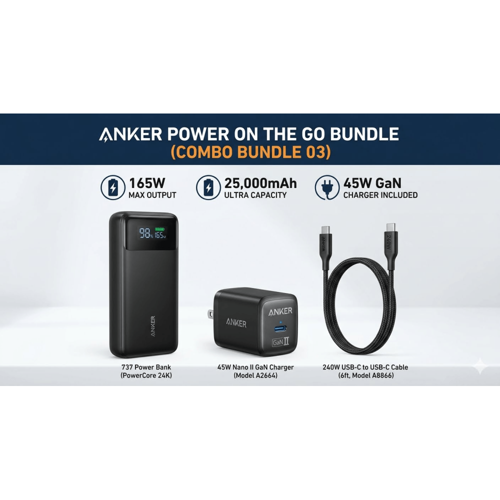 Anker Power On The Go Bundle – 25,000mAh 165W Power Bank + 45W Charger + 240W Cable (Combo Bundle 03)