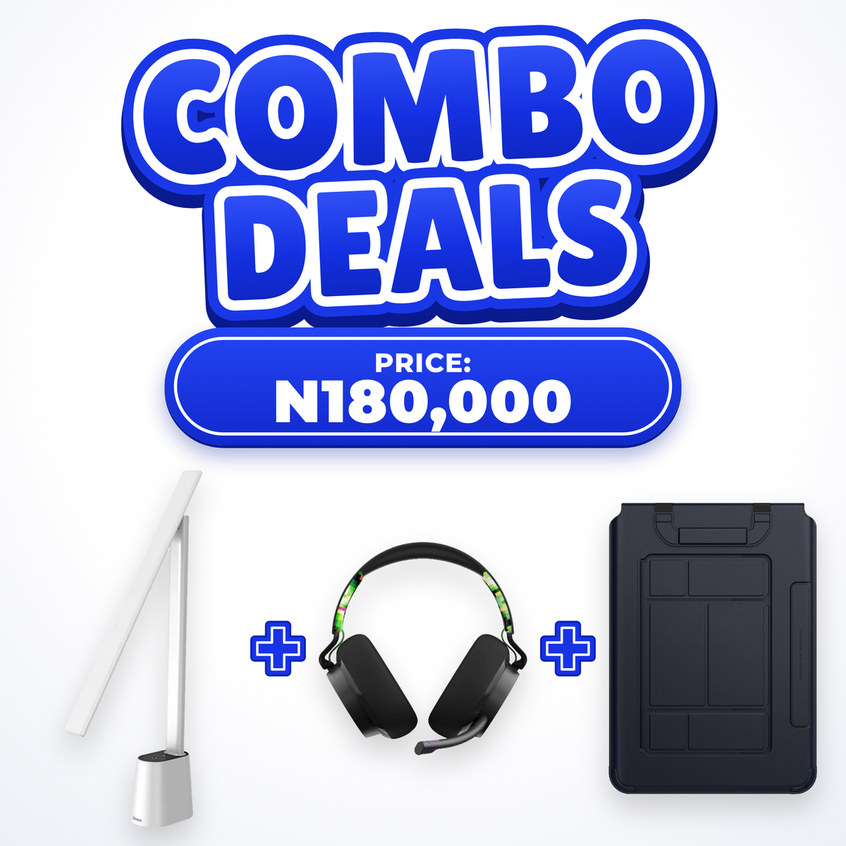 Fulrix desk setup combo: Baseus Smart Eye LED reading lamp + Skullcandy SLYR Pro gaming headset + Nillkin 3-in-1 laptop sleeve for N180,000