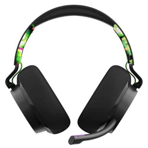 Black gaming headset with colorful headband on a white background