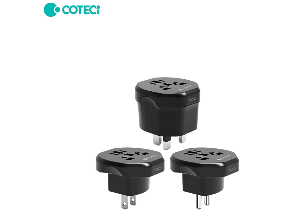 Coteci Standard to Universal Travel Plug Adapter – 100-250VAC, 2500W, Converts UK/US/EU/AU Plugs
