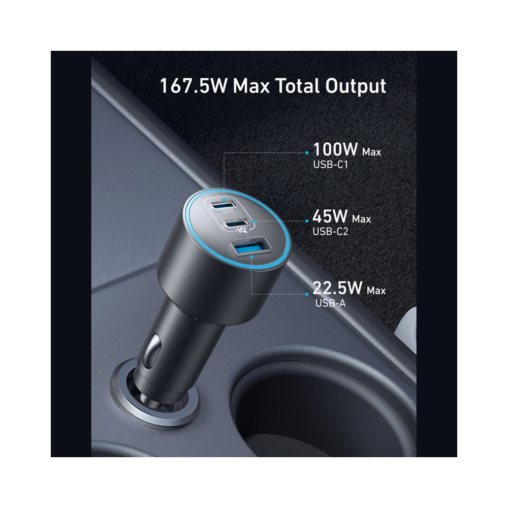 Anker 167.5W Nano Car Charger A2737 – 3 Ports, USB-C 100W + 45W + USB-A 22.5W, Laptop Car Charging