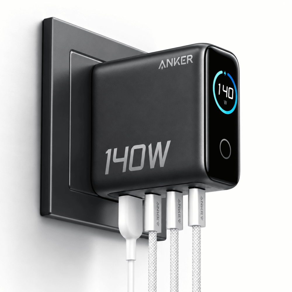 Anker 140W 4-Port Smart GaN Charger A2697 – 3x USB-C + USB-A, Smart Touchscreen Display, 240W Cable Included