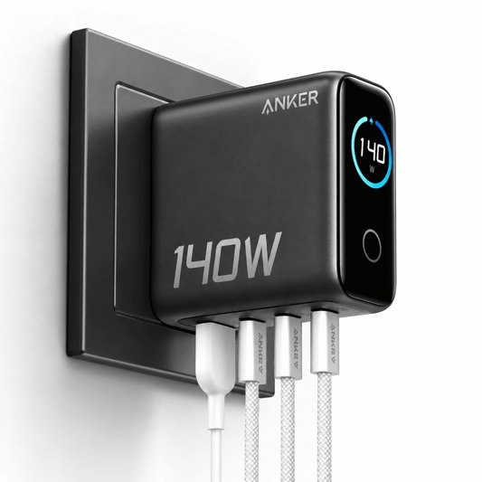 Anker 140W 4-Port Smart GaN Charger A2697 – 3x USB-C + USB-A, Smart Touchscreen Display, 240W Cable Included