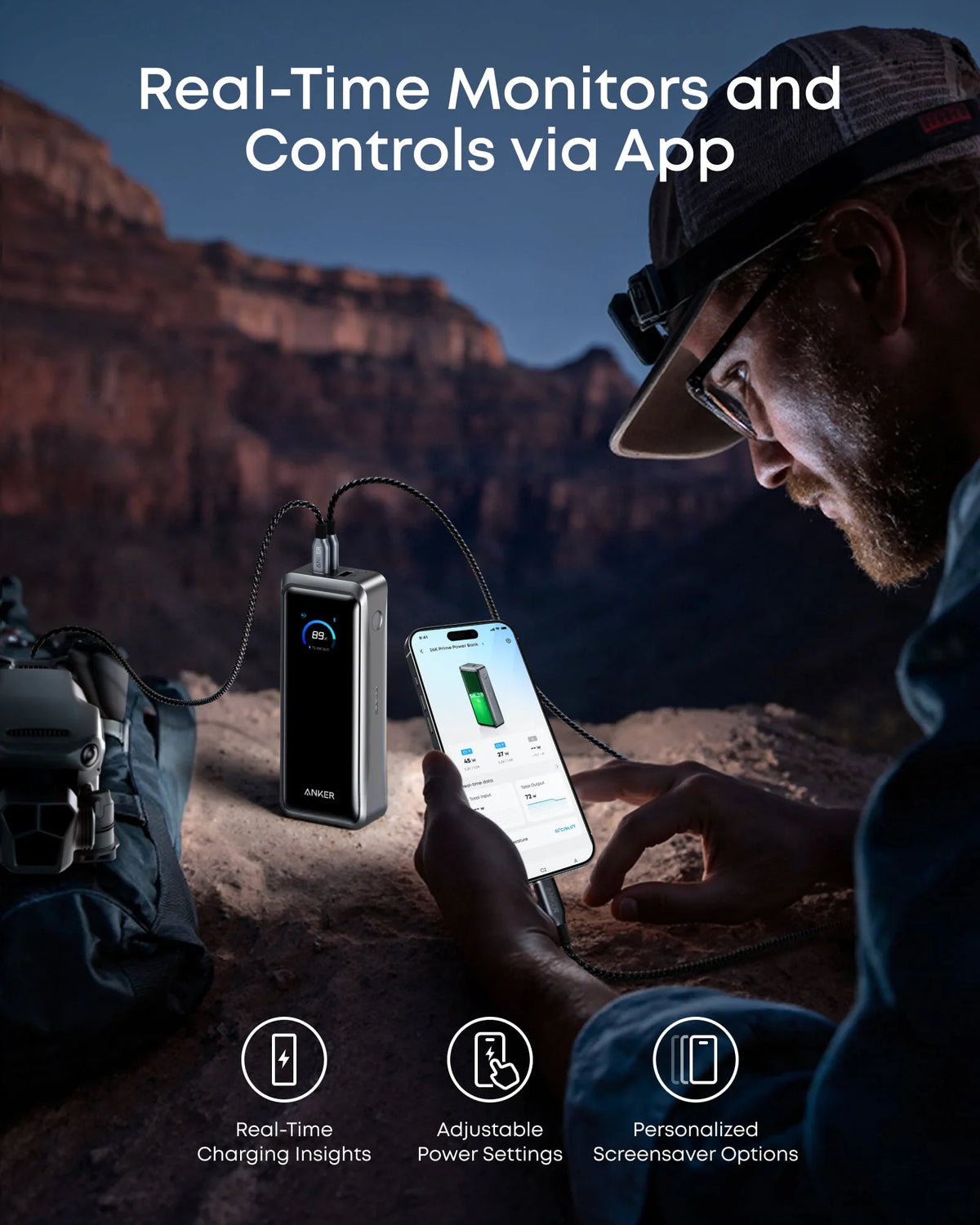 Anker Prime 26K 300W power bank with Anker app showing real-time charging stats