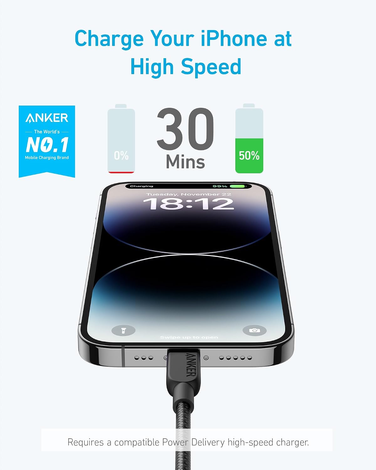 Anker USB-C to Lightning Cable – Nylon Braided, MFi Certified, Fast Charging for iPhone, Black