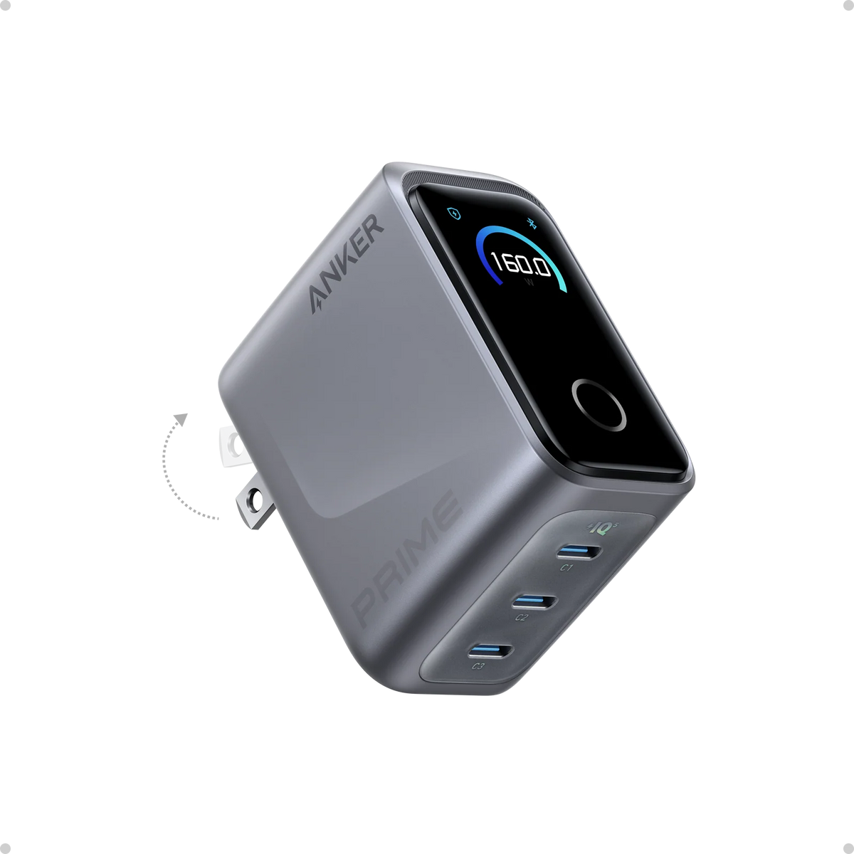 Anker Prime 160W GaN Charger A2687 – 3-Port USB-C, 140W Single Port, Smart Display, MacBook Pro Fast Charging, Black