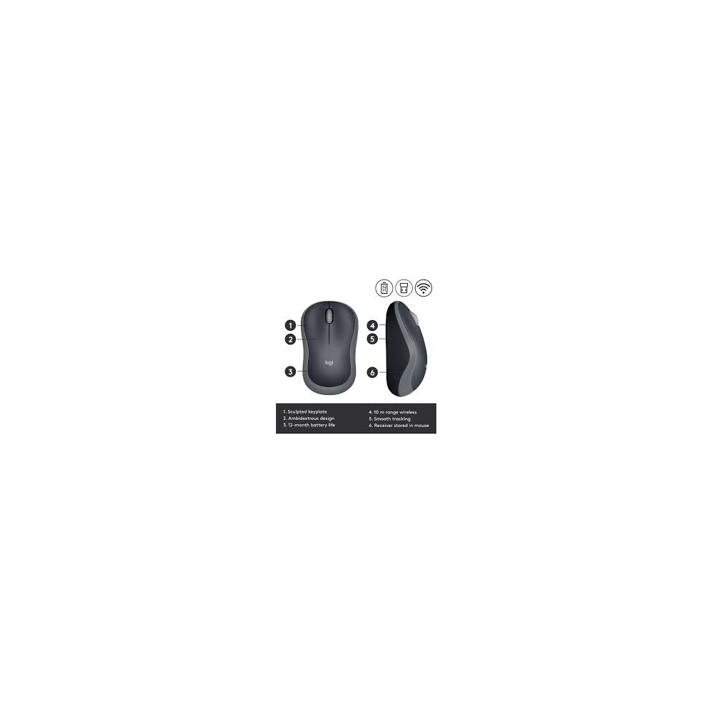 Logitech M185 Wireless Mouse – Swift Grey, 2.4 GHz Nano USB Receiver, 12-Month Battery Life