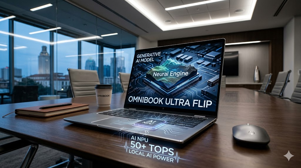Close-up of the HP OmniBook Ultra Flip 14 with a focus on its 3K OLED screen and AI-accelerated hardware.