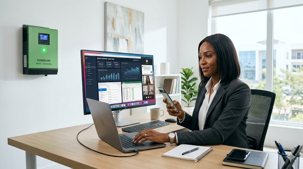 An Abuja professional working seamlessly on a high-performance laptop in a modern, well-lit office.