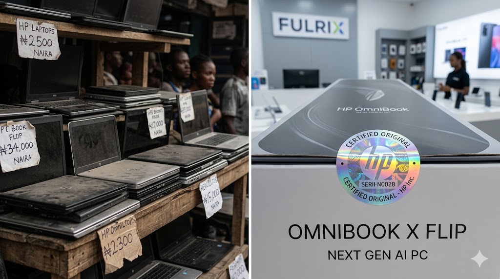 A split-screen comparison between a cluttered used-laptop market shelf and a verified, sealed new laptop box.