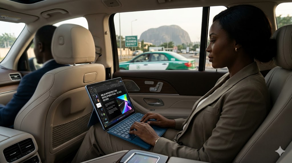 An executive using a Microsoft Surface Pro 11 in a luxury vehicle, highlighting its portability and high-end OLED display.